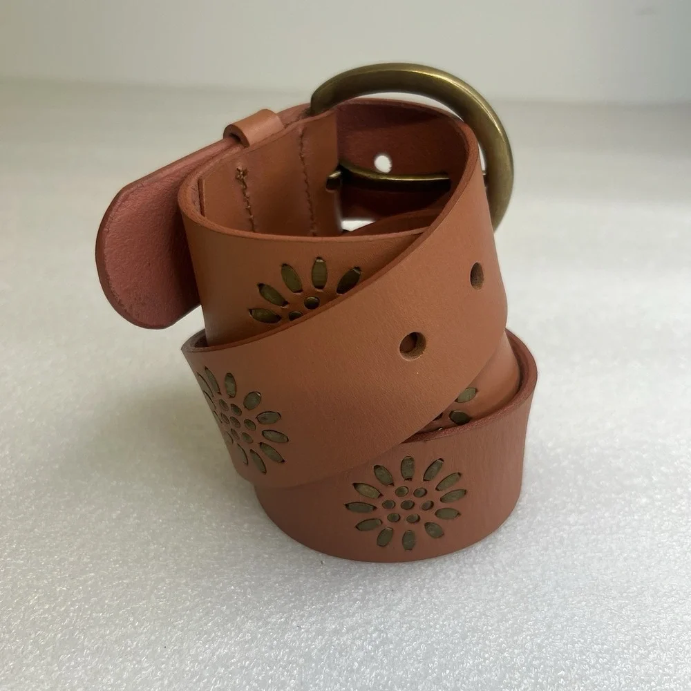 Linea‎ Pelle Anthropologie Brown Genuine Leather Metal Floral Studded Belt M